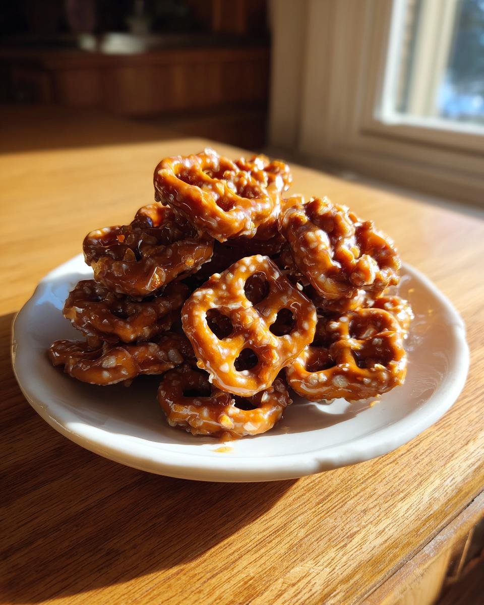 A stack of Irresistible Butter Toffee Pretzels coated in shiny caramel, resting on a small white plate.