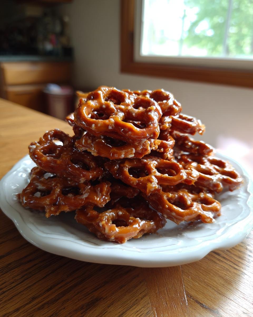 A stack of Irresistible Butter Toffee Pretzels coated in shiny, amber toffee glaze on a white plate.
