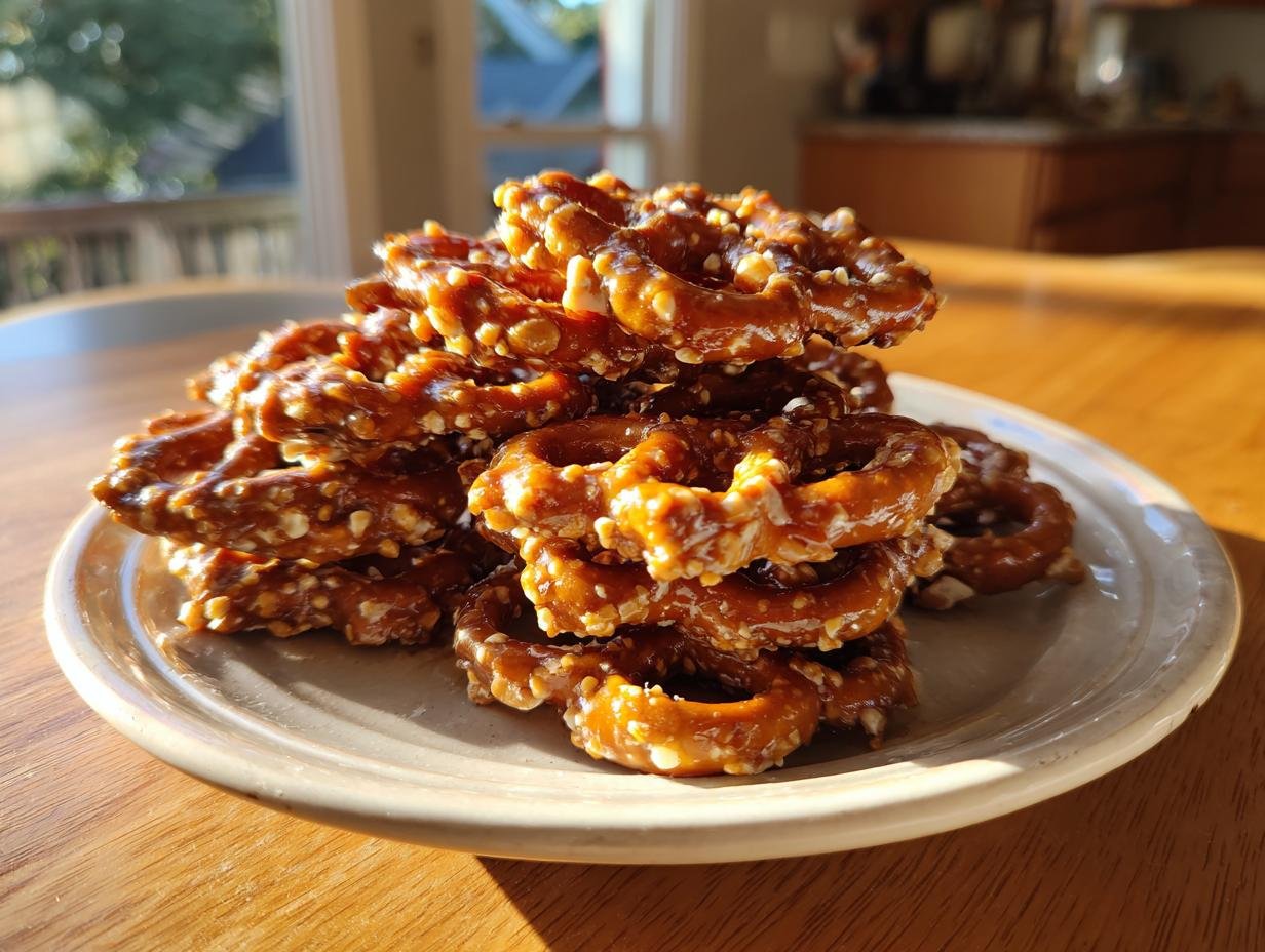 A stack of Irresistible Butter Toffee Pretzels coated in a glossy toffee glaze and nuts, sitting on a light plate.