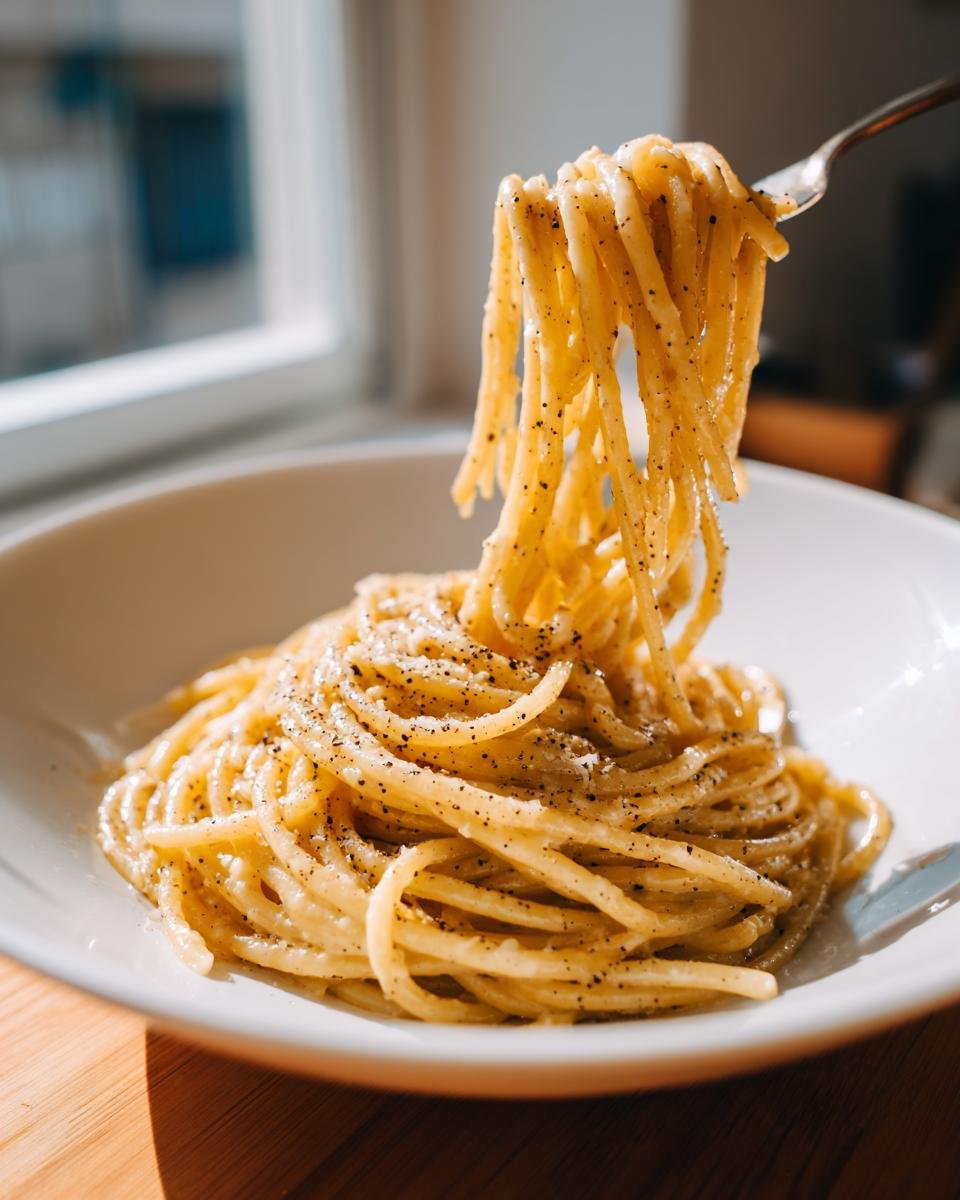 A fork lifts strands of creamy, pepper-flecked pasta from a bowl of Irresistible Cacio E Pepe.