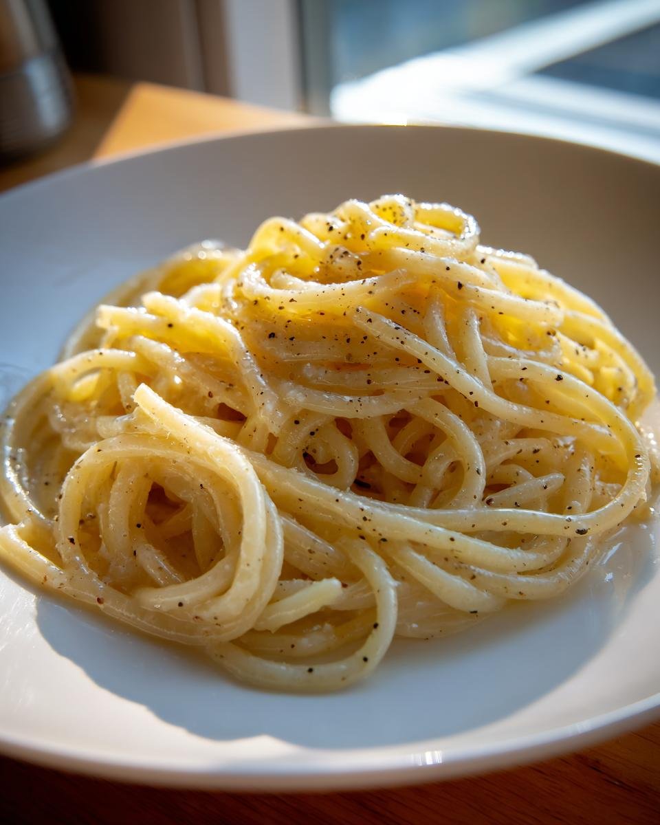 A close-up of creamy, freshly made Irresistible Cacio E Pepe pasta topped generously with cracked black pepper.