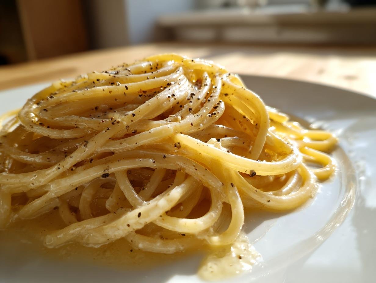 A close-up of creamy spaghetti coated in cheese sauce and black pepper, showcasing the Irresistible Cacio E Pepe.