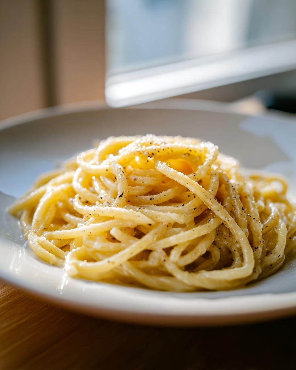 A close-up of creamy spaghetti coated in cheese and black pepper, showcasing the Irresistible Cacio E Pepe.