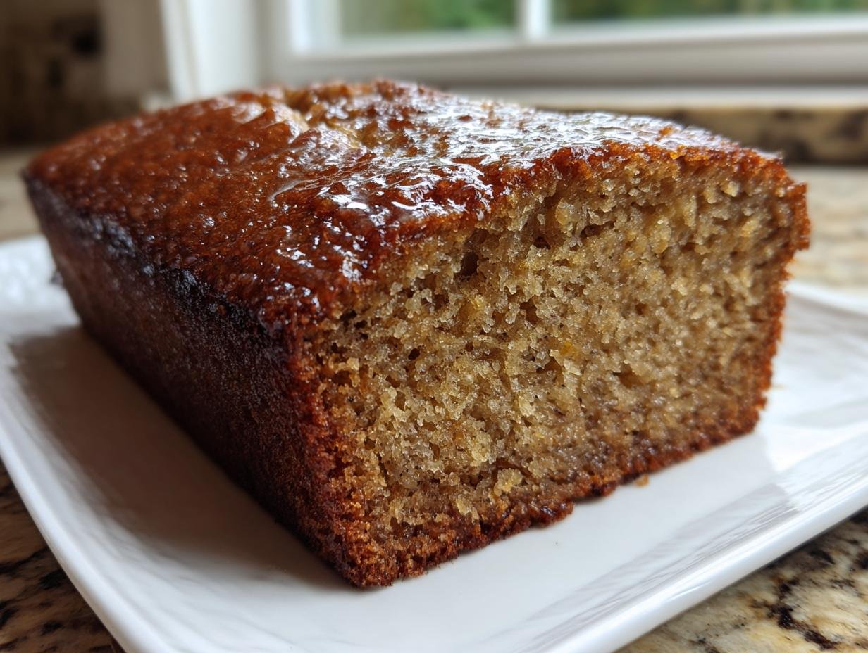 Close-up of a slice of moist cake mix banana bread recipe with a shiny, caramelized top.