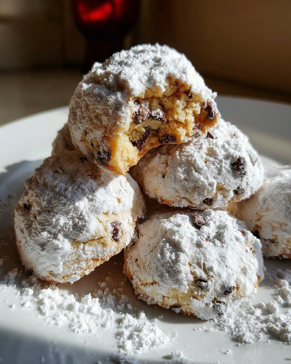 A stack of Irresistible Cannoli Cookies heavily dusted with powdered sugar, one cookie broken open showing chocolate chips.