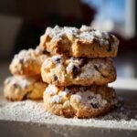 A stack of three Irresistible Cannoli Cookies dusted heavily with powdered sugar, featuring visible chocolate chips.