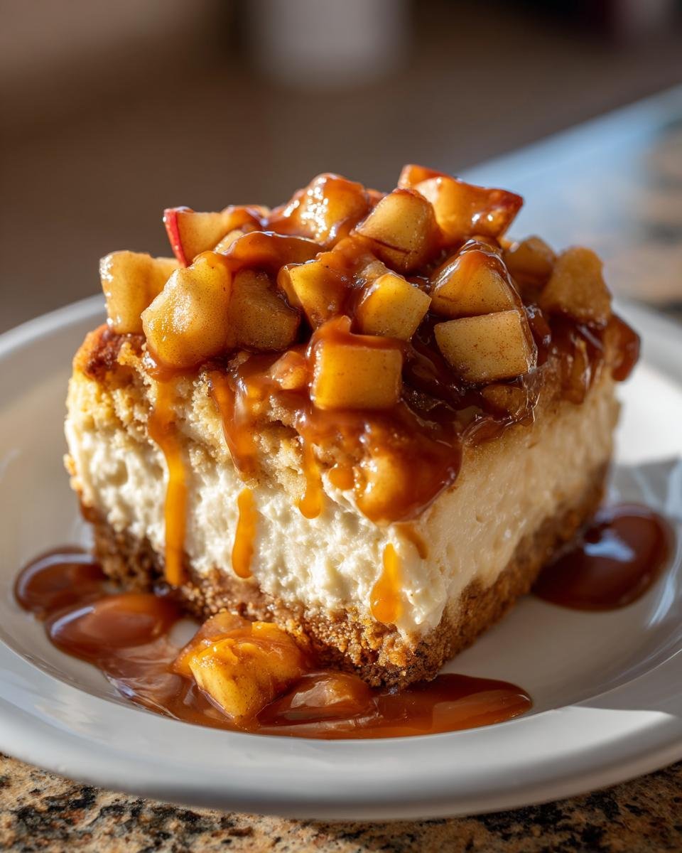 A close-up of a thick slice of Irresistible Caramel Apple Cheesecake Bars topped with diced apples and caramel sauce.