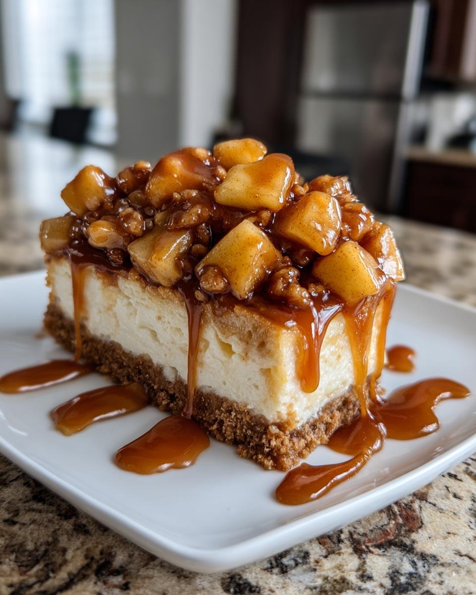 A decadent slice of Irresistible Caramel Apple Cheesecake Bars topped with spiced apples and caramel sauce.