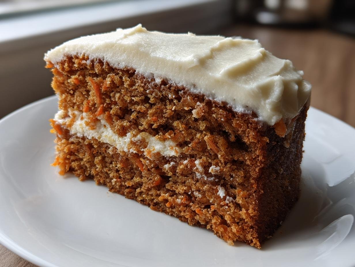 A moist slice of Irresistible Carrot Cake Recipe featuring two layers and thick cream cheese frosting.