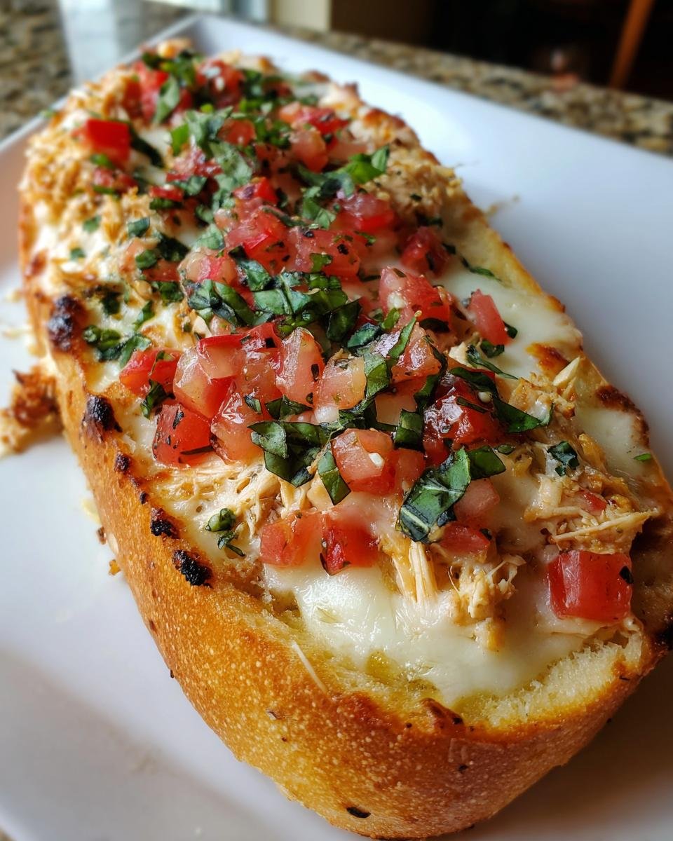 A close-up of Irresistible Cheesy Chicken Bruschetta Bread topped with melted cheese, shredded chicken, diced tomatoes, and fresh basil.