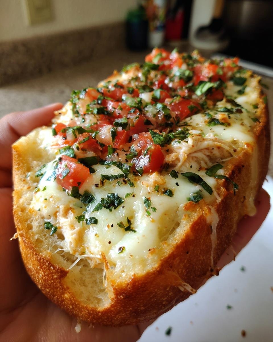 A close-up of a slice of Irresistible Cheesy Chicken Bruschetta Bread, topped with melted cheese, diced tomatoes, and herbs.