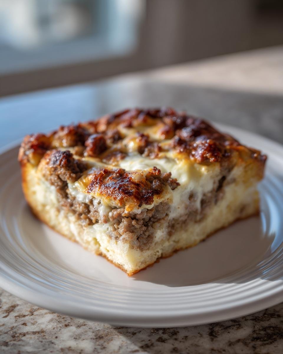 A square serving of Irresistible Cheesy Italian Egg Casserole with browned sausage and melted cheese on top, served on a white plate.