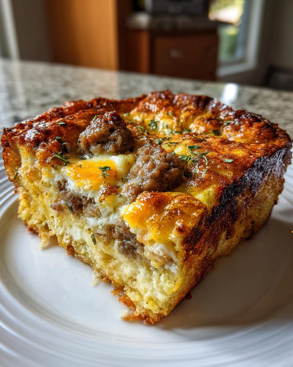 A square slice of Irresistible Cheesy Italian Egg Casserole with browned edges, sausage, and visible egg yolk.