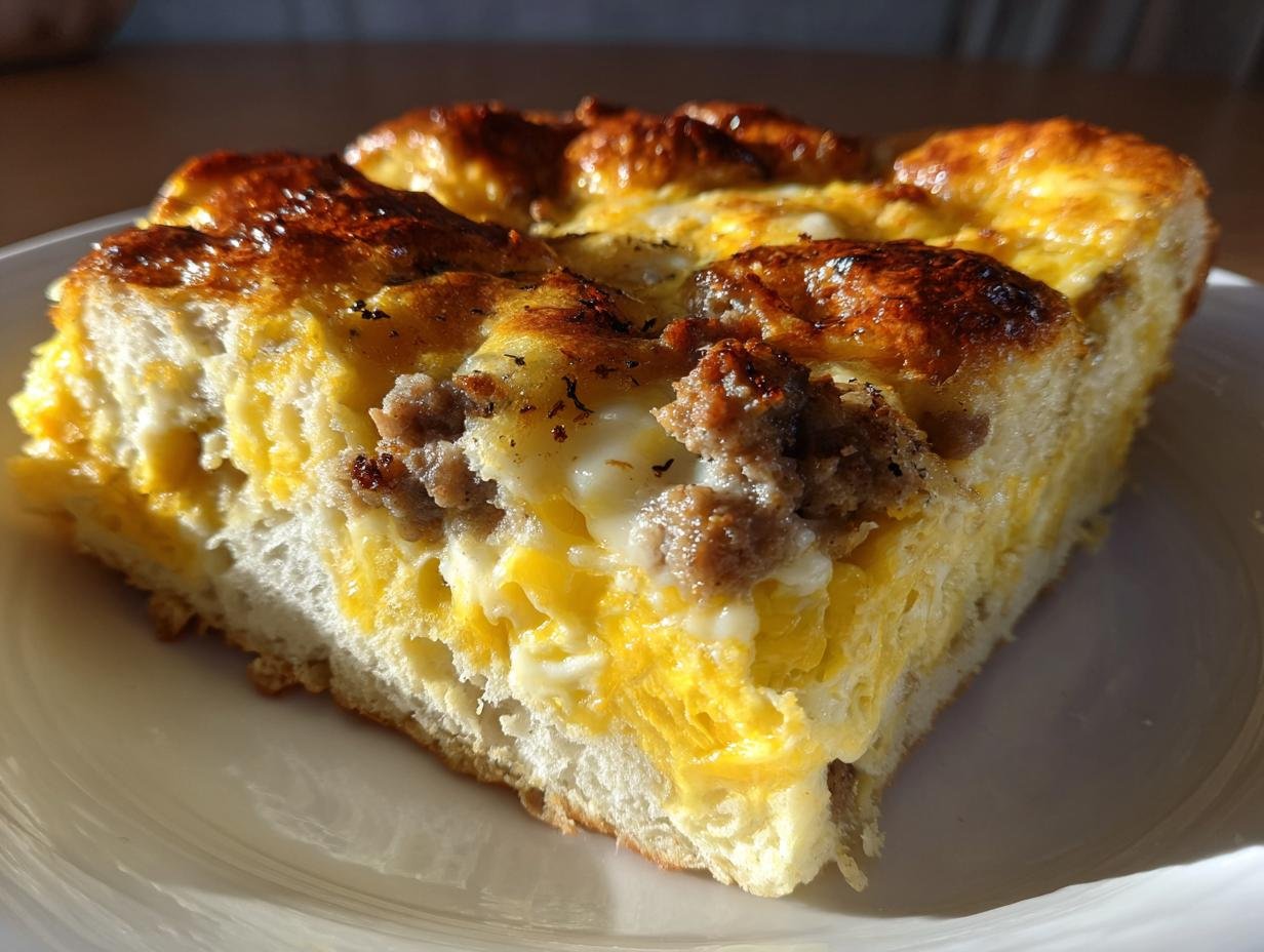 A close-up slice of Irresistible Cheesy Italian Egg Casserole showing layers of bread, bright yellow egg, melted cheese, and sausage.