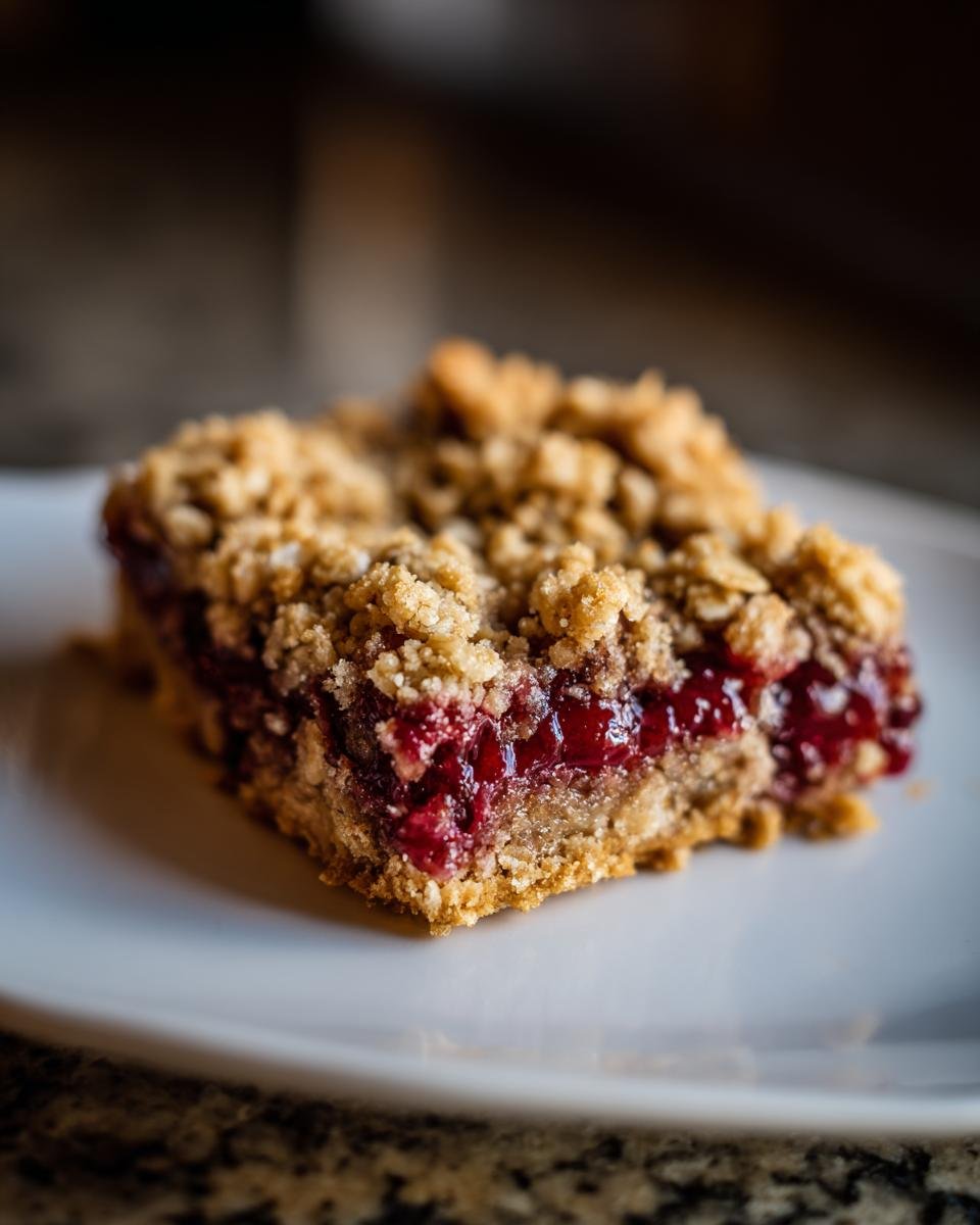 A single serving of Irresistible Cherry Crumble Bars showing a thick layer of bright red cherry filling and a crunchy oat topping.