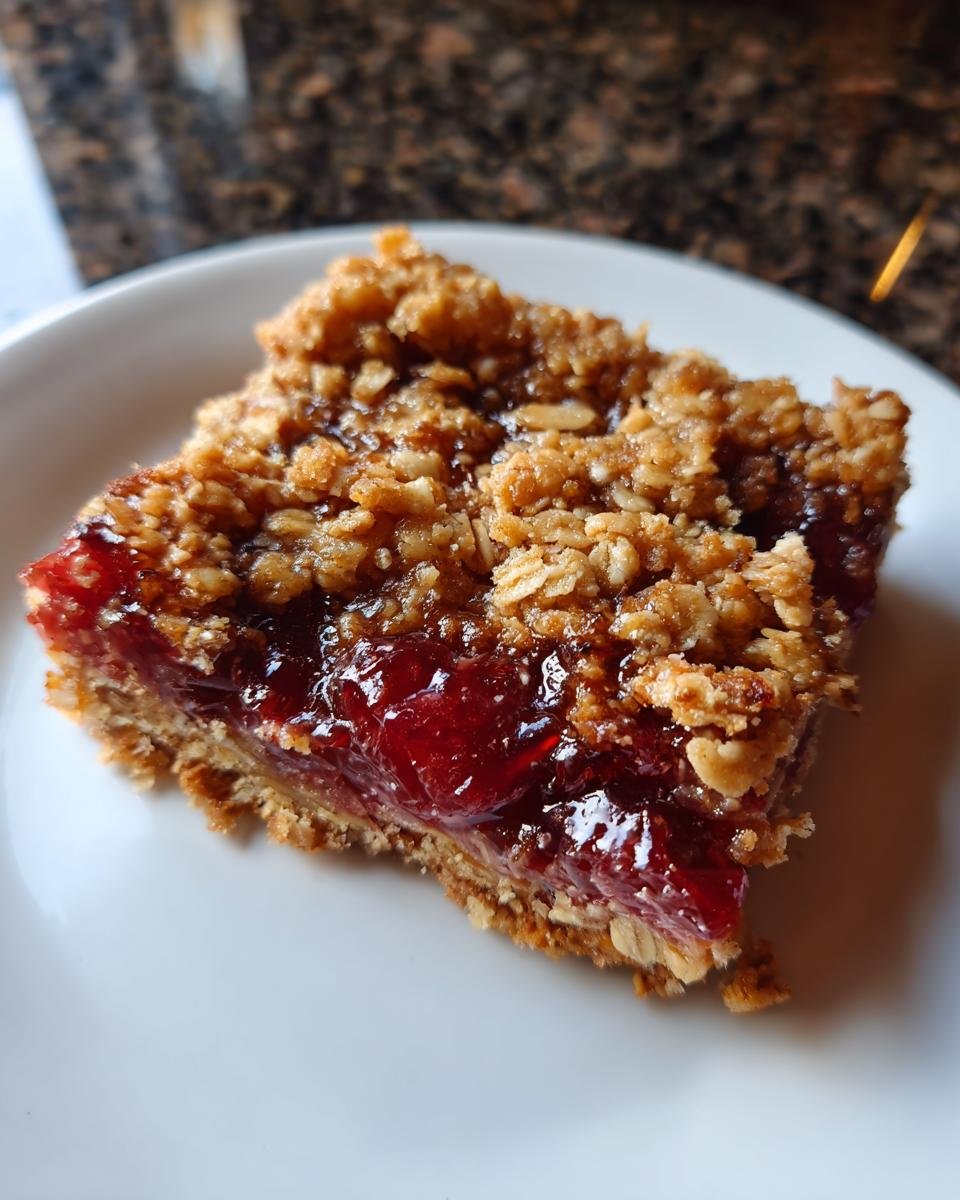 A close-up view of a single serving of Irresistible Cherry Crumble Bars showing the thick cherry filling and oat topping.