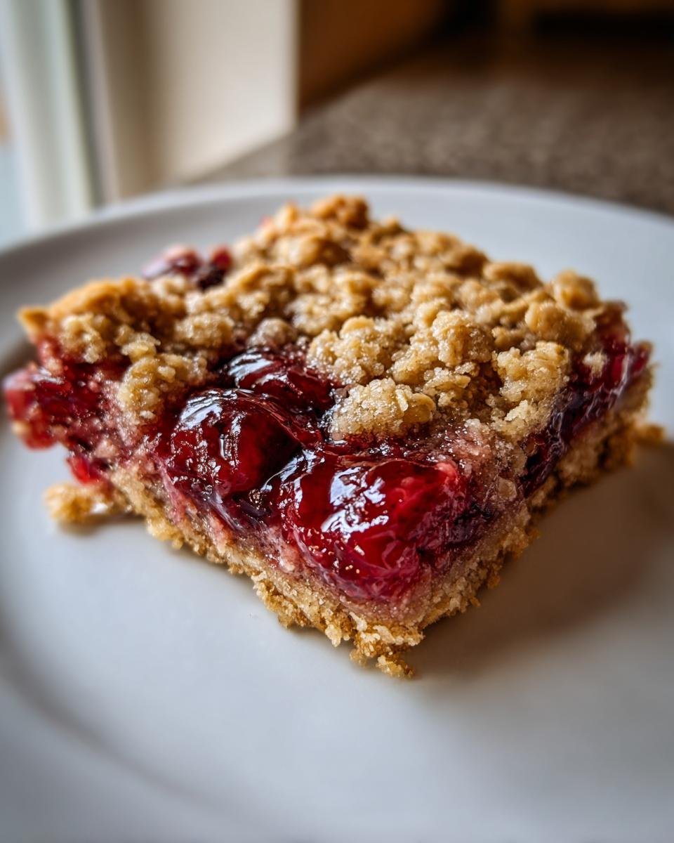 A close-up shot of one square of Irresistible Cherry Crumble Bars with a thick, glossy cherry filling and crumbly oat topping.