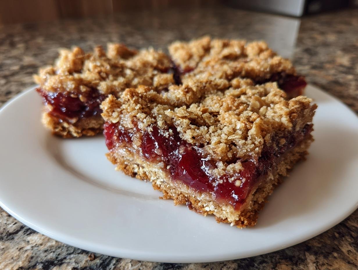 Three squares of Irresistible Cherry Crumble Bars showing a thick, jammy cherry filling between a buttery oat base and crumble topping.