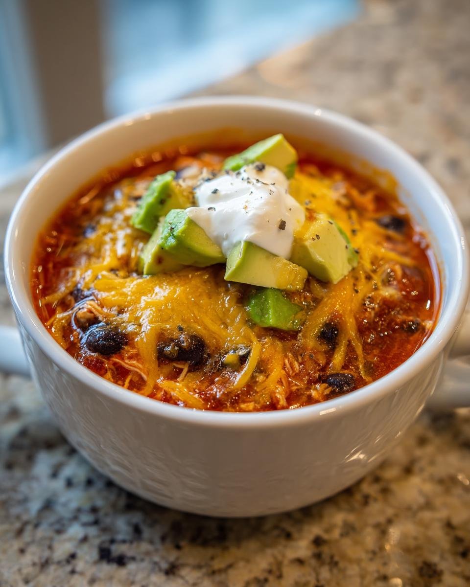 A close-up of a white bowl filled with Irresistible Chicken Enchilada Soup, topped with melted cheese, avocado, and sour cream.