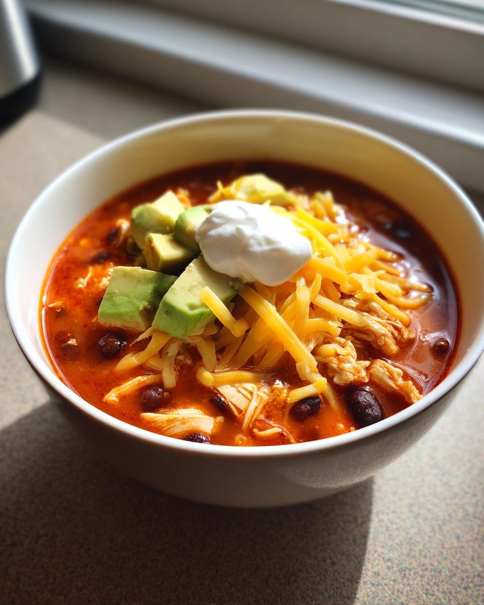 A close-up of a bowl of Irresistible Chicken Enchilada Soup topped with shredded cheese, avocado, and sour cream.