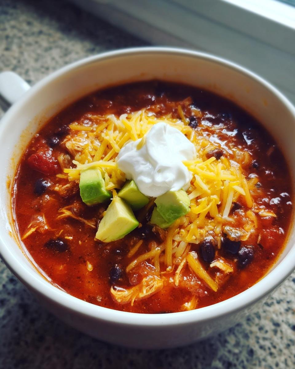 A close-up of a white bowl filled with Irresistible Chicken Enchilada Soup, topped with shredded cheese, sour cream, and avocado.