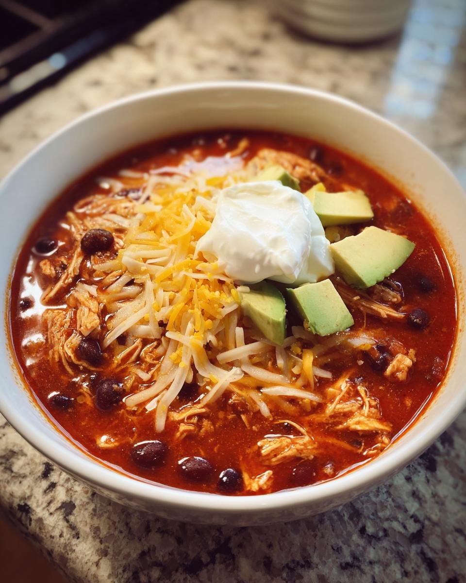 A close-up of a bowl of Irresistible Chicken Enchilada Soup topped with shredded cheese, sour cream, and avocado.