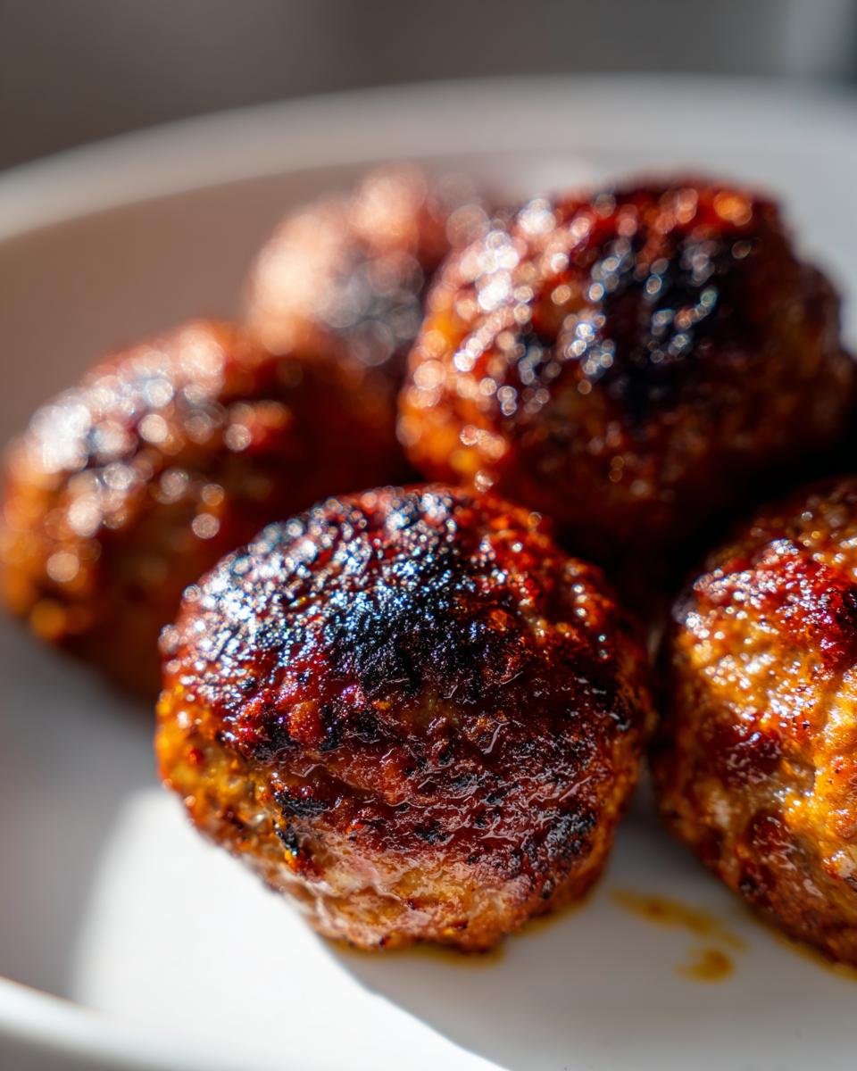 Close-up of several deeply browned and slightly charred Irresistible Chicken Harissa Meatballs on a white plate.