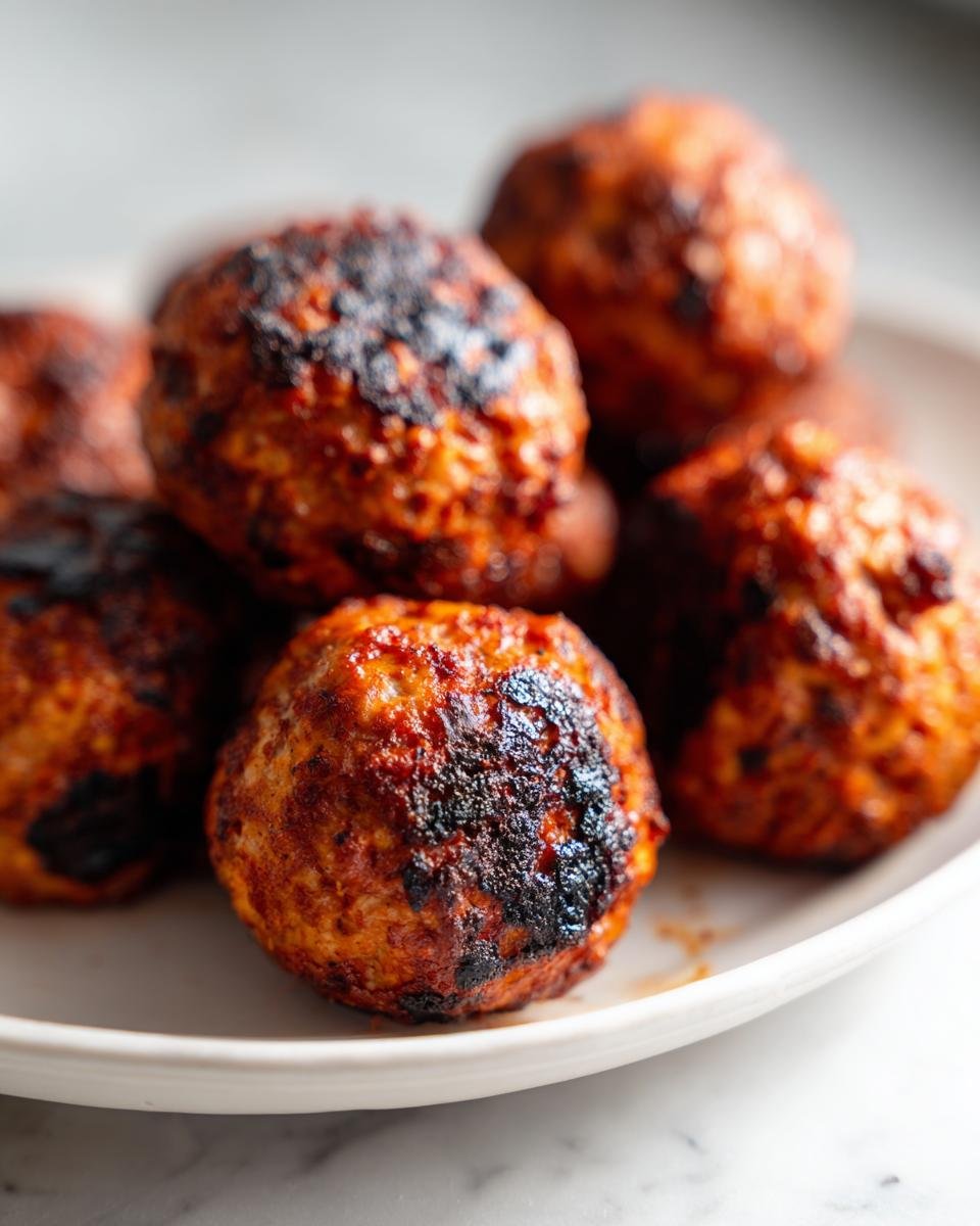 A close-up shot of several perfectly browned and slightly charred Irresistible Chicken Harissa Meatballs piled on a white plate.