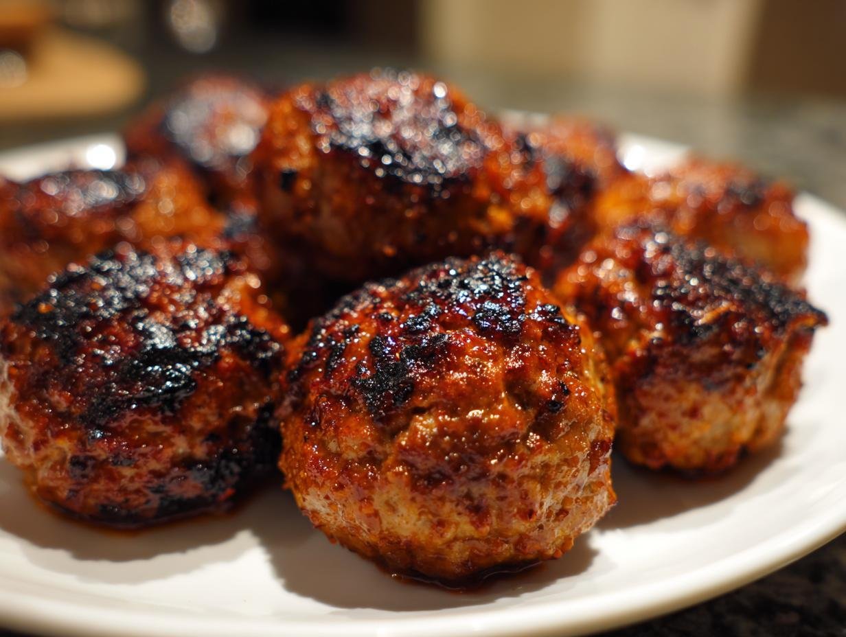 A close-up of several beautifully browned and slightly charred Irresistible Chicken Harissa Meatballs piled on a white plate.