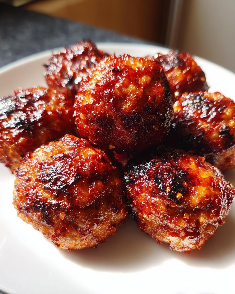 A close-up shot of several glistening, caramelized Irresistible Chicken Harissa Meatballs stacked on a white plate.