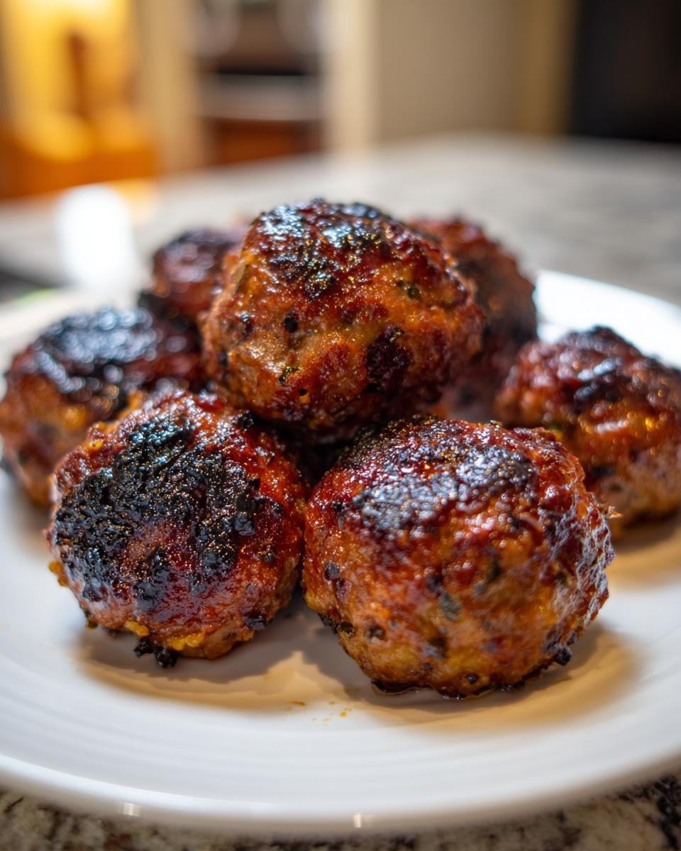 A close-up stack of perfectly seared, dark red Irresistible Chicken Harissa Meatballs on a white plate.