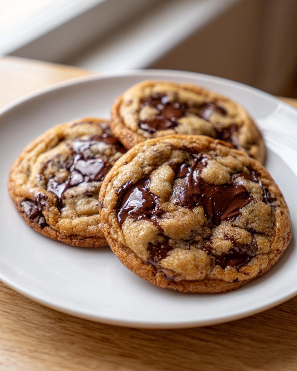 Three warm, gooey Irresistible Chocolate Chip Cookies with melted chocolate pools on a white plate.
