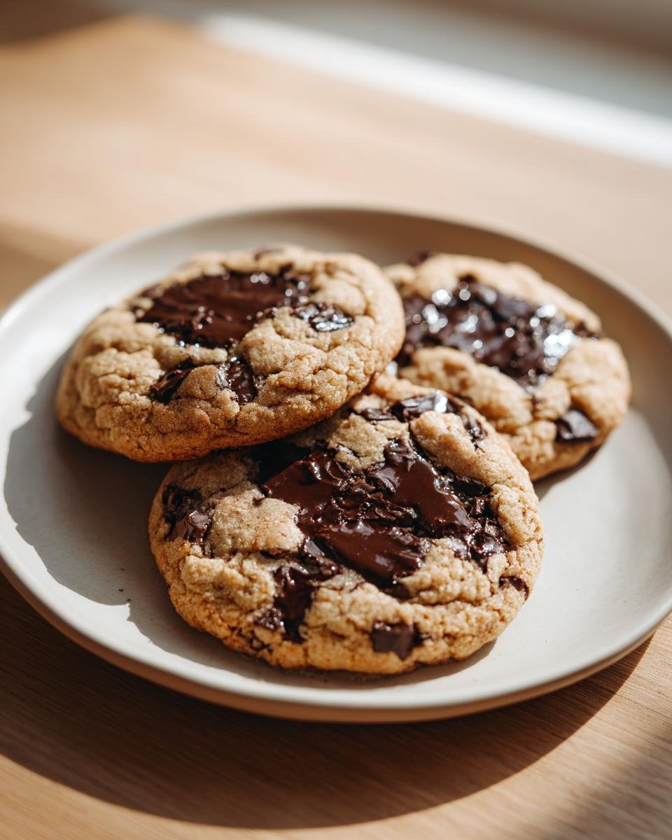 Three freshly baked, thick Irresistible Chocolate Chip Cookies with melted chocolate pools on a light plate.