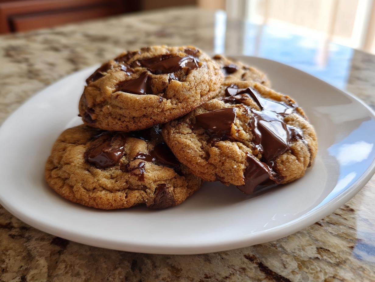 A stack of warm, gooey Irresistible Chocolate Chip Cookies with melted chocolate chunks on a white plate.