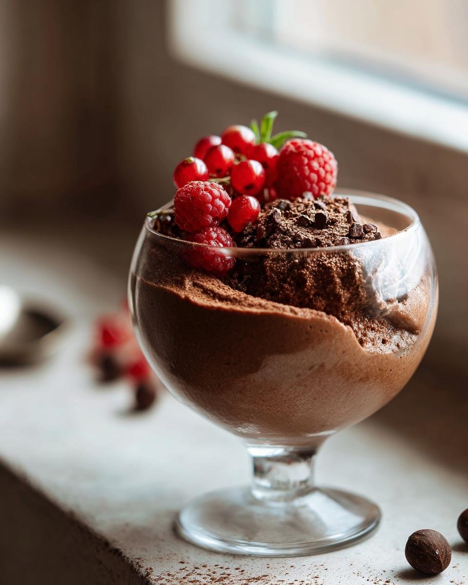 A glass of Irresistible Chocolate Hazelnut Mousse topped with fresh raspberries, red currants, and chocolate shavings.