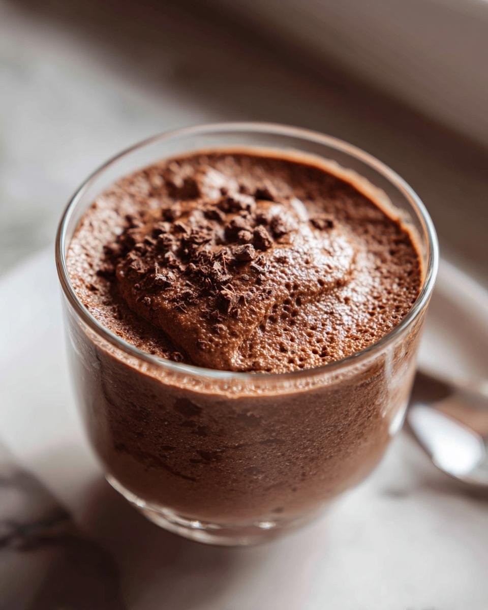 Close-up of a single serving of Irresistible Chocolate Hazelnut Mousse topped with chocolate shavings.