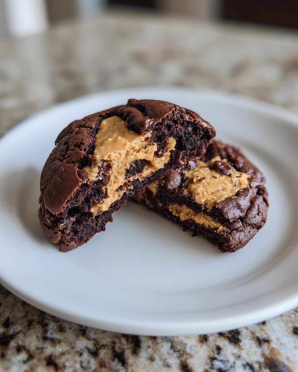 A close-up of an Irresistible Chocolate Peanut Butter Swirl Cookie cut in half, showing the gooey peanut butter center.
