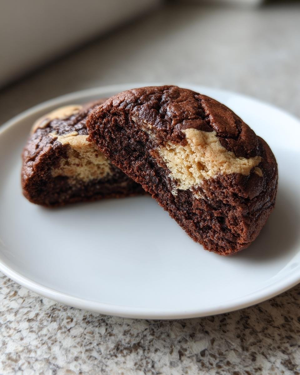 Close-up of an Irresistible Chocolate Peanut Butter Swirl Cookie cut in half, showing the dark chocolate exterior and creamy peanut butter swirl center.