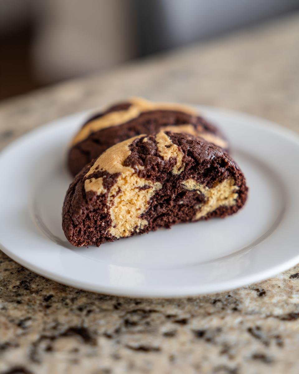 Close-up of a halved Irresistible Chocolate Peanut Butter Swirl Cookie showing the rich chocolate and peanut butter swirl interior.