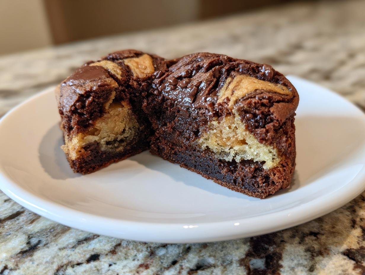 Cross-section of an Irresistible Chocolate Peanut Butter Swirl Cookie showing rich brownie texture and peanut butter swirl.