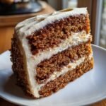 Close-up of a moist slice of Irresistible Christmas Spice Cake with thick eggnog buttercream frosting.