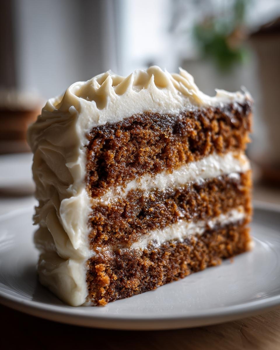 Close-up of a rich, three-layer slice of Irresistible Christmas Spice Cake with thick eggnog buttercream frosting.