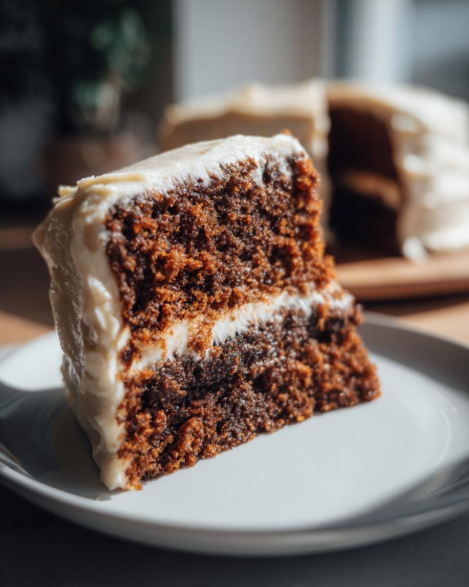 Close-up of a slice of Irresistible Christmas Spice Cake with thick eggnog buttercream frosting.