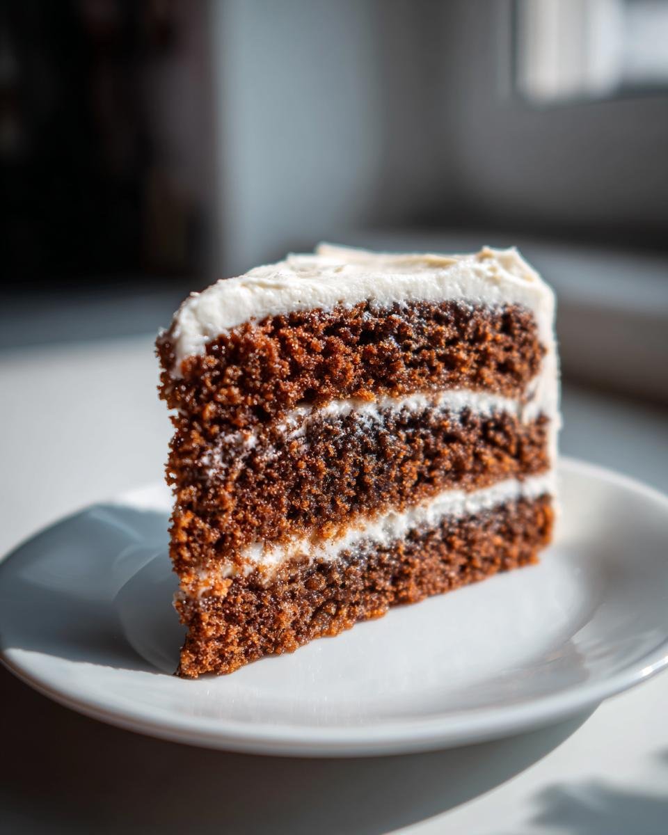 Close-up of a moist slice of Irresistible Christmas Spice Cake with thick layers of white eggnog buttercream.