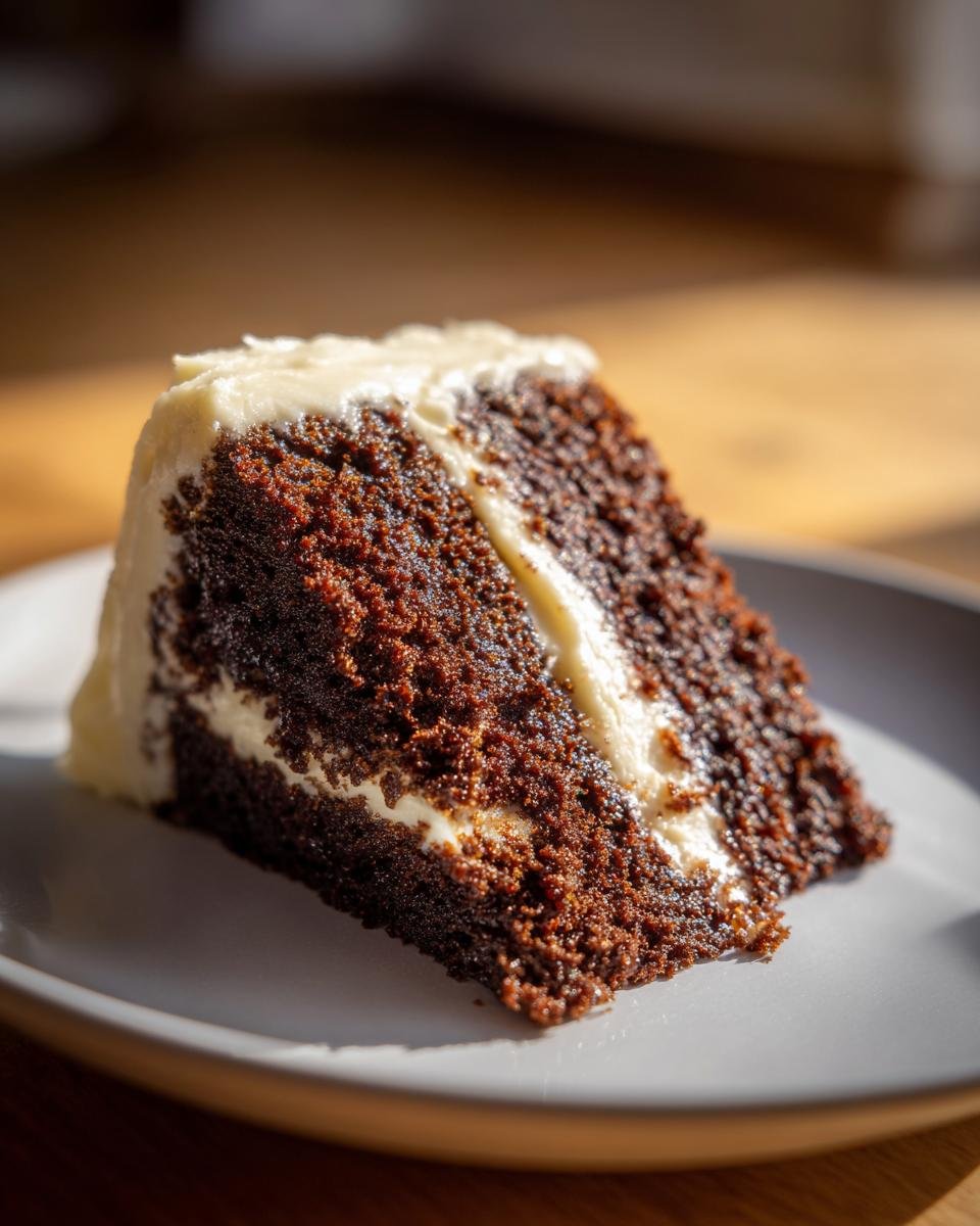 Close-up of a slice of Irresistible Christmas Spice Cake with thick eggnog buttercream frosting.