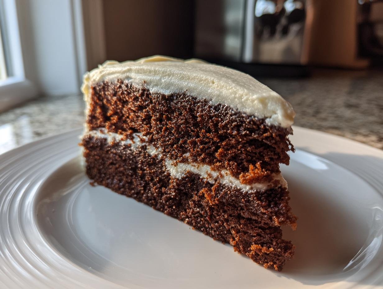 A close-up slice of Irresistible Christmas Spice Cake with rich brown layers and creamy white eggnog buttercream.