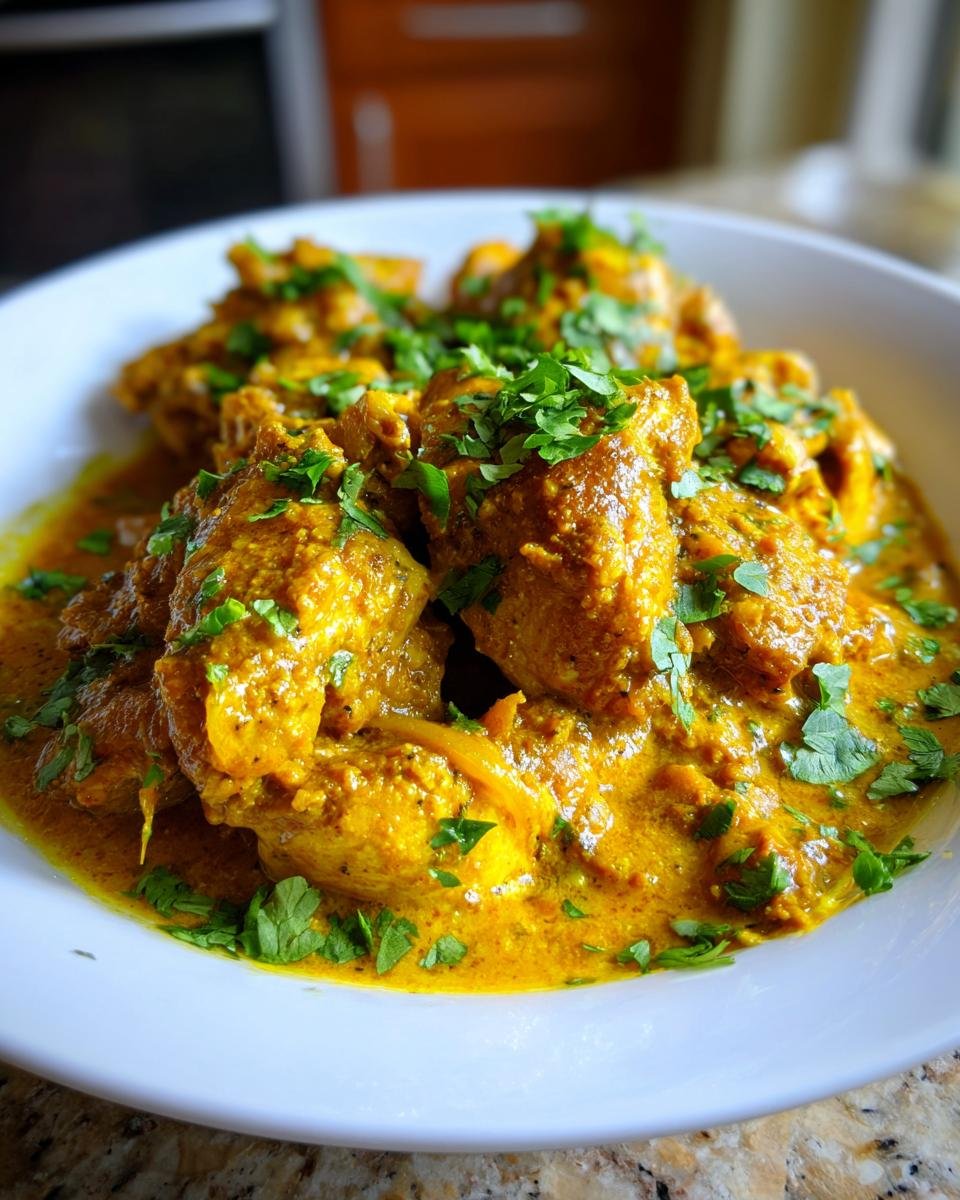 Close-up of Irresistible Coconut Curry Chicken pieces coated in a thick, yellow curry sauce and garnished with fresh cilantro.