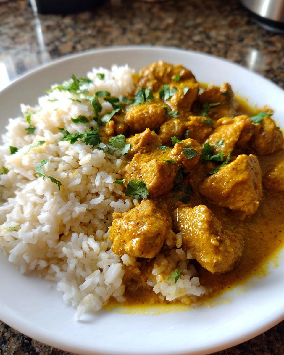 Close-up of a plate featuring Irresistible Coconut Curry Chicken served next to fluffy white rice and garnished with fresh cilantro.