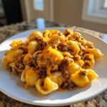 A close-up of a serving of Irresistible Creamy Beef And Shells Recipe covered in melted cheddar cheese.