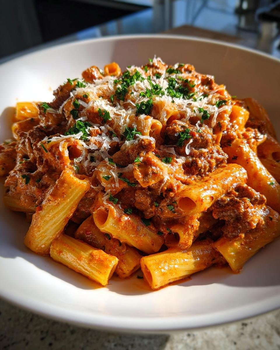 A close-up of Irresistible Creamy Beef Pasta served in a white bowl, topped with grated Parmesan cheese and fresh parsley.